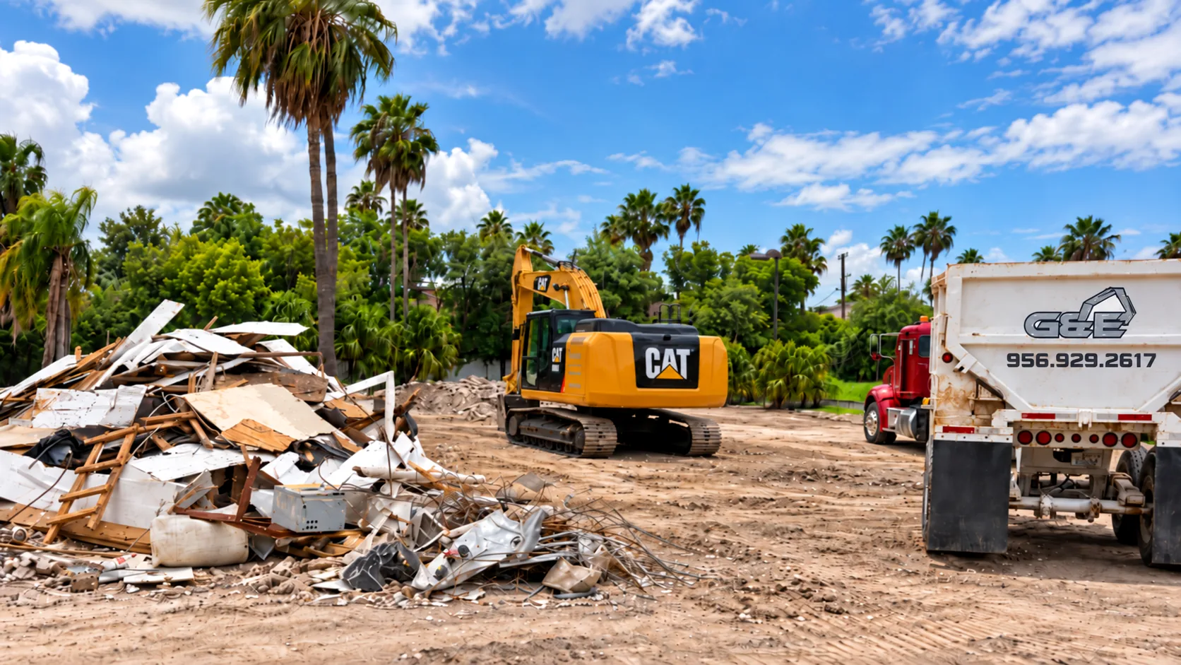 CAT excavator on a cleared demolition site next to a debris pile and a G & E dump truck showing 956.929.2617