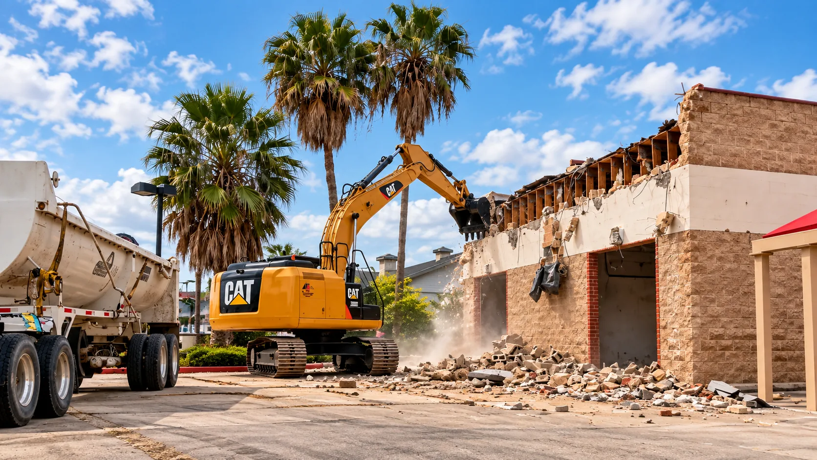 CAT excavator tearing down a block building beside a G & E dump trailer