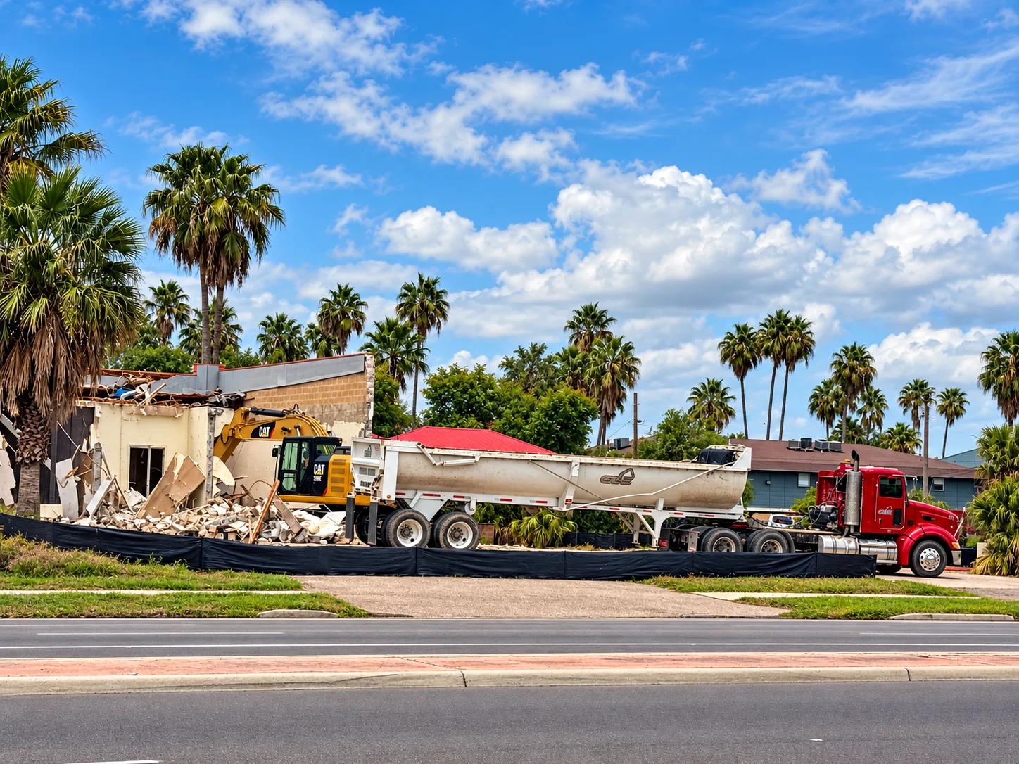 Excavator and G & E dump trailer at a roadside building demolition site