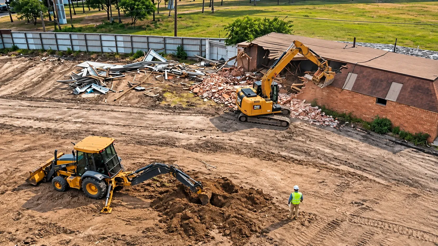 Excavator demolishing a brick building while a backhoe digs on the cleared site