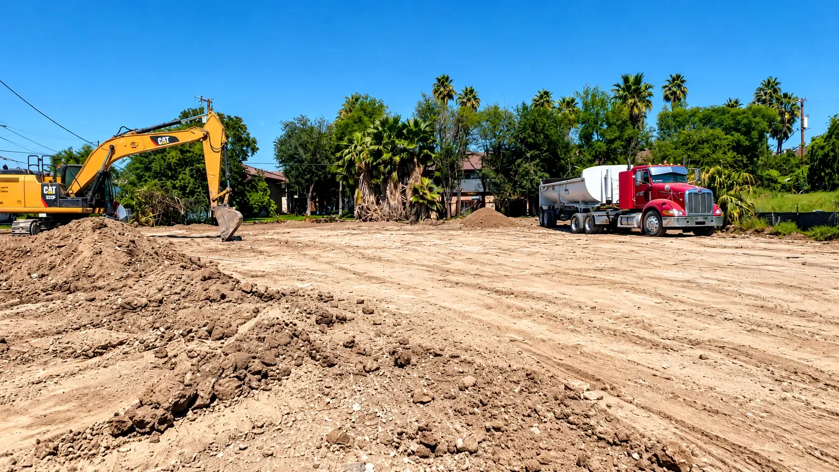 CAT excavator and red dump truck on a freshly cleared and graded lot